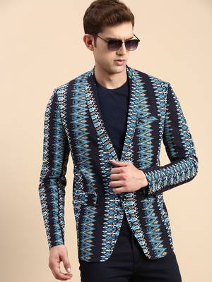 SHOWOFF Men's Single Breasted Navy Blue Printed Slim Fit Blazer 1