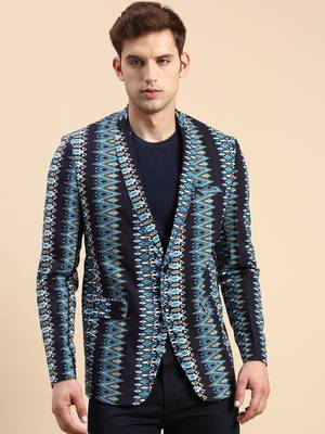 SHOWOFF Men's Single Breasted Navy Blue Printed Slim Fit Blazer 2