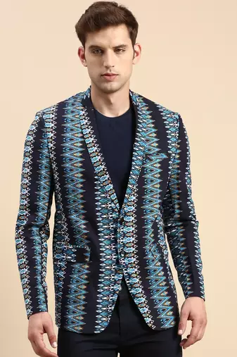 SHOWOFF Men's Single Breasted Navy Blue Printed Slim Fit Blazer