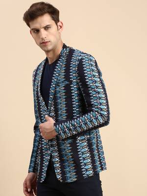 SHOWOFF Men's Single Breasted Navy Blue Printed Slim Fit Blazer 3