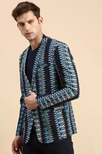 SHOWOFF Men's Single Breasted Navy Blue Printed Slim Fit Blazer