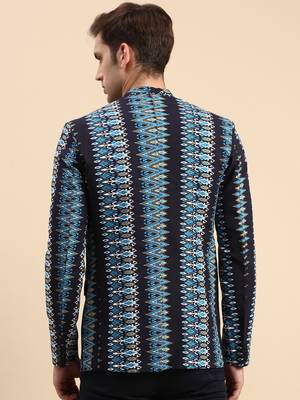 SHOWOFF Men's Single Breasted Navy Blue Printed Slim Fit Blazer 4