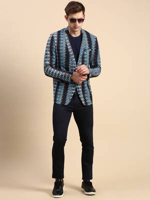 SHOWOFF Men's Single Breasted Navy Blue Printed Slim Fit Blazer 5