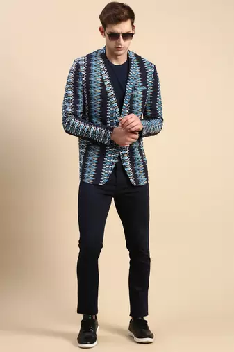 SHOWOFF Men's Single Breasted Navy Blue Printed Slim Fit Blazer
