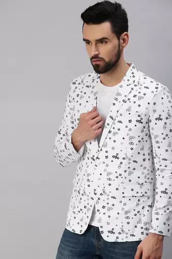 SHOWOFF Men's Notched Lapel Single-Breasted White Printed Blazer