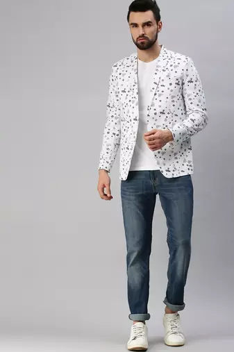 SHOWOFF Men's Notched Lapel Single-Breasted White Printed Blazer