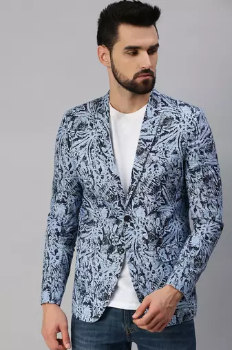 SHOWOFF Men's Notched Lapel Single-Breasted Blue Printed Blazer