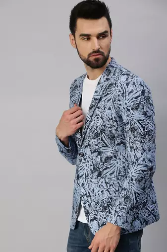 SHOWOFF Men's Notched Lapel Single-Breasted Blue Printed Blazer