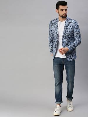 SHOWOFF Men's Notched Lapel Single-Breasted Blue Printed Blazer 5