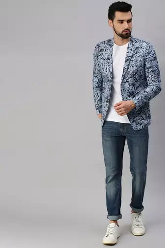 SHOWOFF Men's Notched Lapel Single-Breasted Blue Printed Blazer