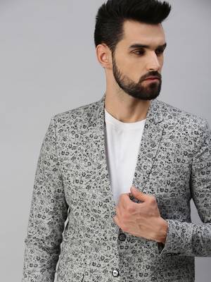 Men's Notched Lapel Single-Breasted Grey Printed Blazer 1