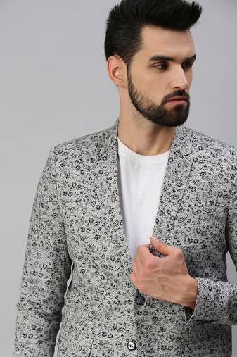 Men's Notched Lapel Single-Breasted Grey Printed Blazer