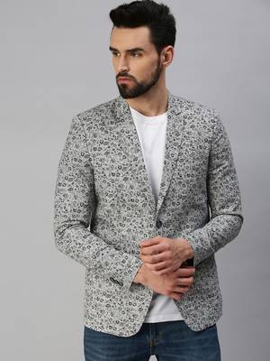 Men's Notched Lapel Single-Breasted Grey Printed Blazer 2