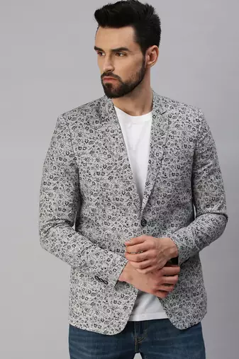Men's Notched Lapel Single-Breasted Grey Printed Blazer