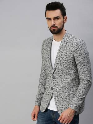 Men's Notched Lapel Single-Breasted Grey Printed Blazer 3