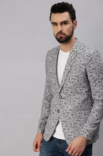 Men's Notched Lapel Single-Breasted Grey Printed Blazer