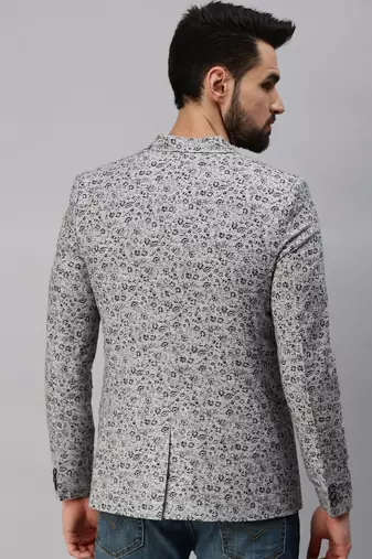 Men's Notched Lapel Single-Breasted Grey Printed Blazer
