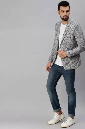 Men's Notched Lapel Single-Breasted Grey Printed Blazer