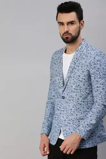 SHOWOFF Men's Notched Lapel Single-Breasted Blue Printed Blazer