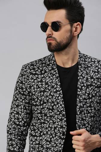 SHOWOFF Men's Notched Lapel Single-Breasted Black Printed Blazer