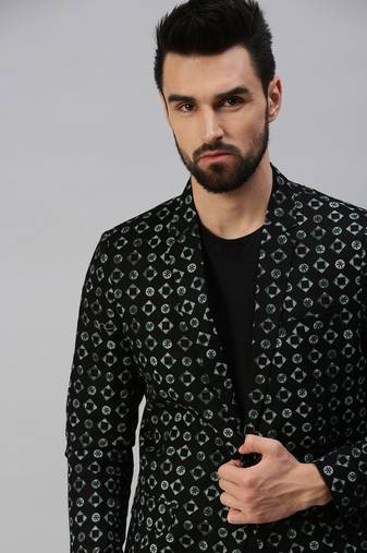 SHOWOFF Men's Notched Lapel Single-Breasted Black Printed Blazer