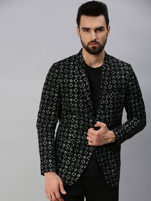 SHOWOFF Men's Notched Lapel Single-Breasted Black Printed Blazer 2
