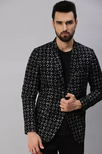 SHOWOFF Men's Notched Lapel Single-Breasted Black Printed Blazer
