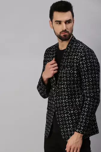 SHOWOFF Men's Notched Lapel Single-Breasted Black Printed Blazer