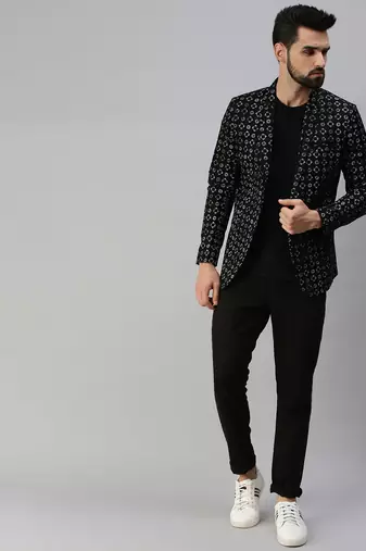 SHOWOFF Men's Notched Lapel Single-Breasted Black Printed Blazer