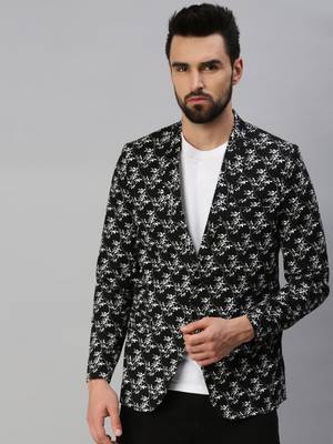 Men's Notched Lapel Single-Breasted Black Printed Blazer 1