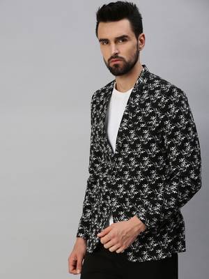 Men's Notched Lapel Single-Breasted Black Printed Blazer 2