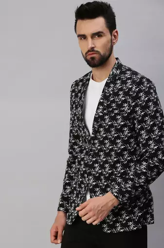 Men's Notched Lapel Single-Breasted Black Printed Blazer