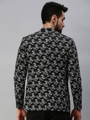 Men's Notched Lapel Single-Breasted Black Printed Blazer 3