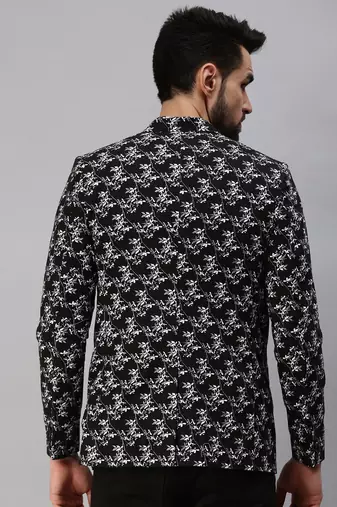 Men's Notched Lapel Single-Breasted Black Printed Blazer