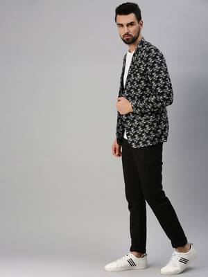 Men's Notched Lapel Single-Breasted Black Printed Blazer 4