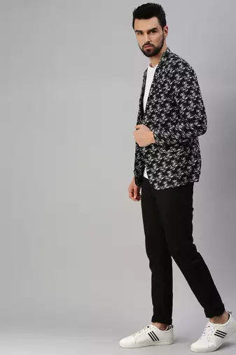 Men's Notched Lapel Single-Breasted Black Printed Blazer