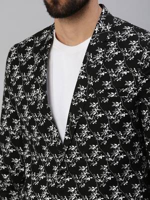 Men's Notched Lapel Single-Breasted Black Printed Blazer 5