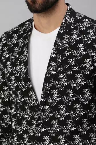 Men's Notched Lapel Single-Breasted Black Printed Blazer