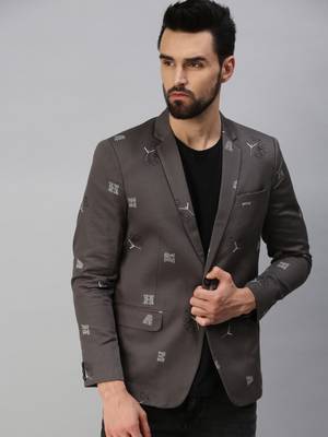 men's notched lapel single-breasted grey printed blazer 1