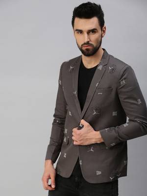 men's notched lapel single-breasted grey printed blazer 2