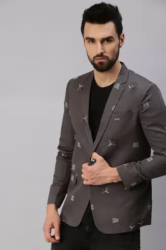 men's notched lapel single-breasted grey printed blazer