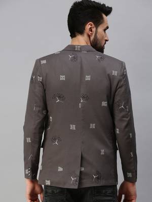 men's notched lapel single-breasted grey printed blazer 3