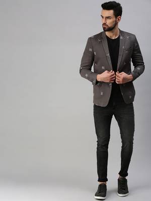 men's notched lapel single-breasted grey printed blazer 4