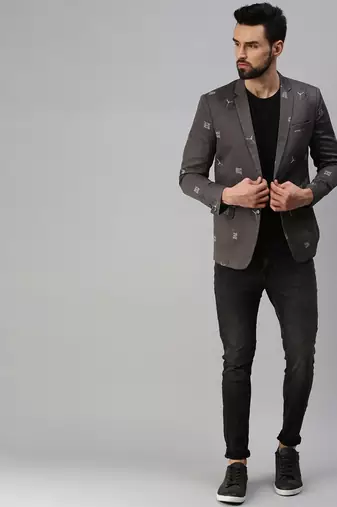 men's notched lapel single-breasted grey printed blazer