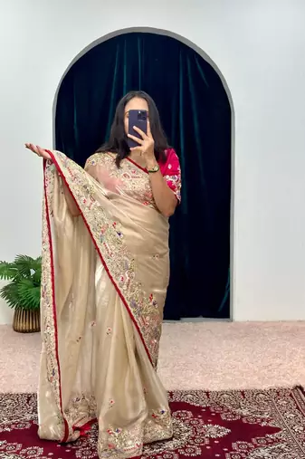Cream Jimmy Choo Silk Multicolor Sequins Embroidered Saree with Unstitched Blouse
