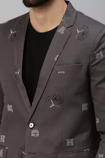 men's notched lapel single-breasted grey printed blazer