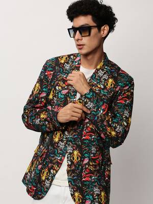 SHOWOFF Men's Notched Lapel Printed Black Single-Breasted Blazer 1