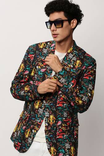 SHOWOFF Men's Notched Lapel Printed Black Single-Breasted Blazer