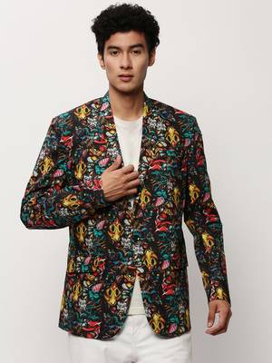 SHOWOFF Men's Notched Lapel Printed Black Single-Breasted Blazer 2