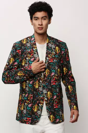 SHOWOFF Men's Notched Lapel Printed Black Single-Breasted Blazer